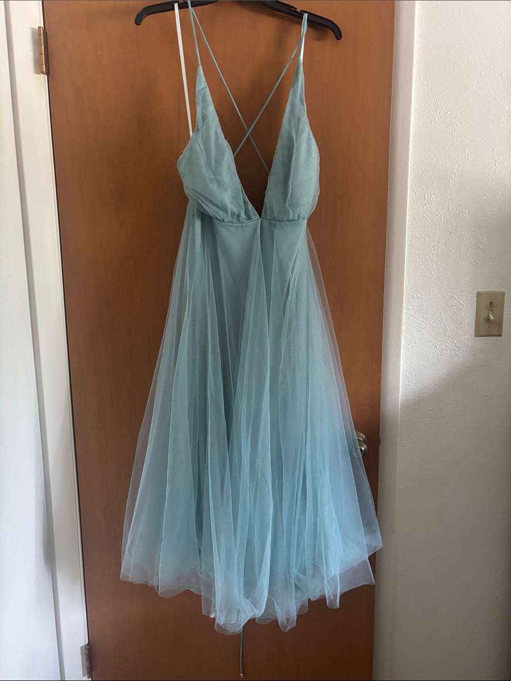Hello Molly Light Blue Tulle Midi Dress with Crisscross Back